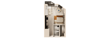 A top-down view of a small, neatly organized apartment with a kitchen, living room, and bathroom.