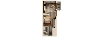 A top-down view of a small apartment with a kitchen, living room, and bathroom.