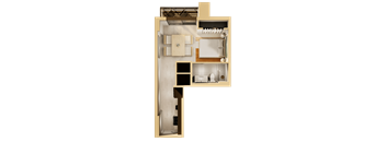 A diagram of a house with a kitchen, living room, and bathroom.
