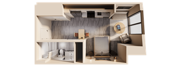 A 3D rendered image of a modern, minimalist apartment layout.