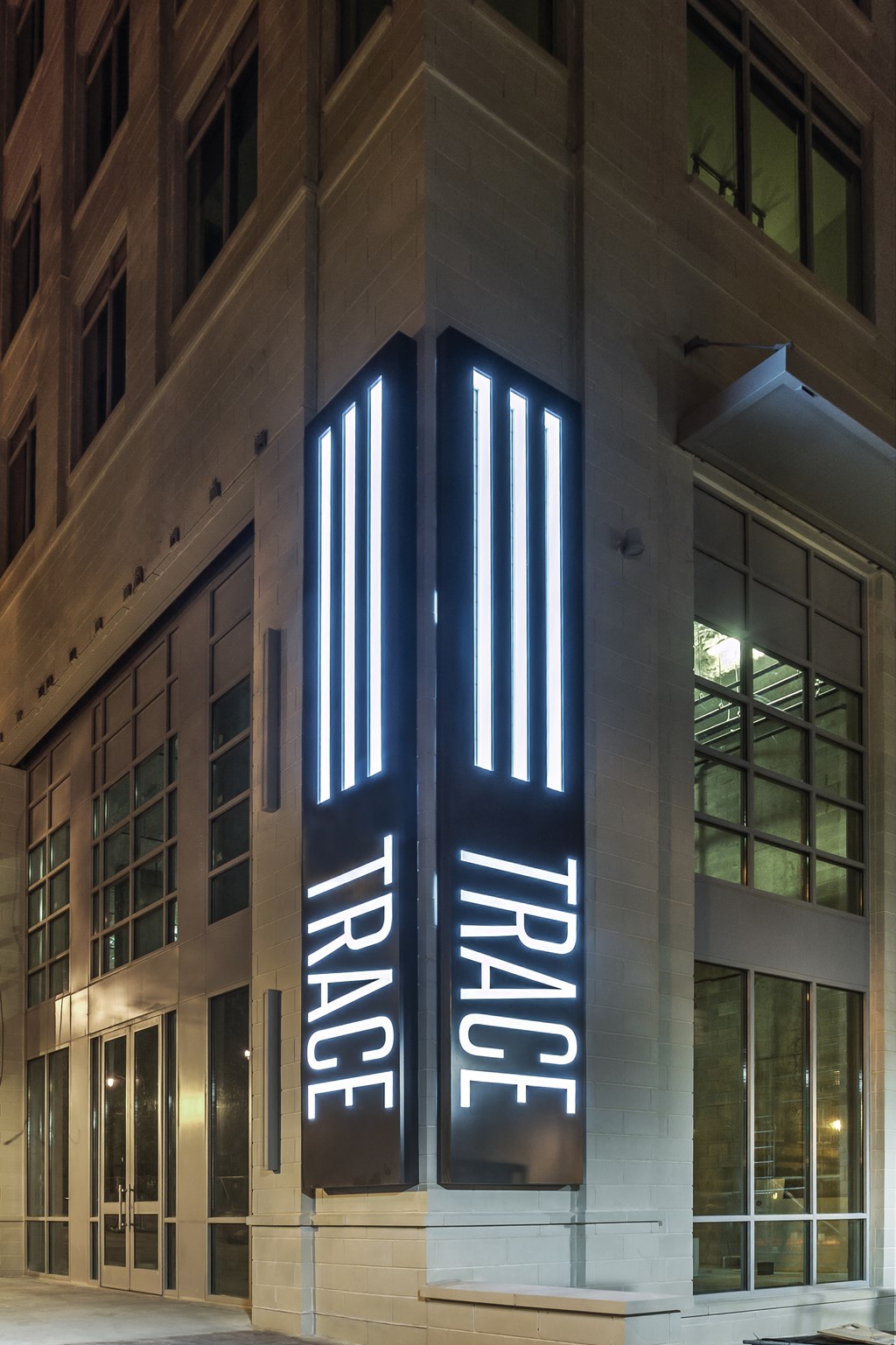 a view of the front of the building at night