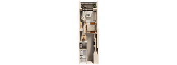 A top-down view of a small, neatly organized apartment with a bed, desk, and kitchenette.