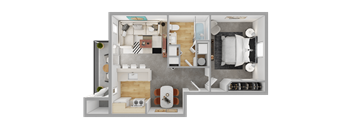 a 3d floor plan of a bedroom with a bathroom and a living room