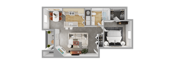 the bedroom floor of a two bedroom apartment with a bathroom and a living room