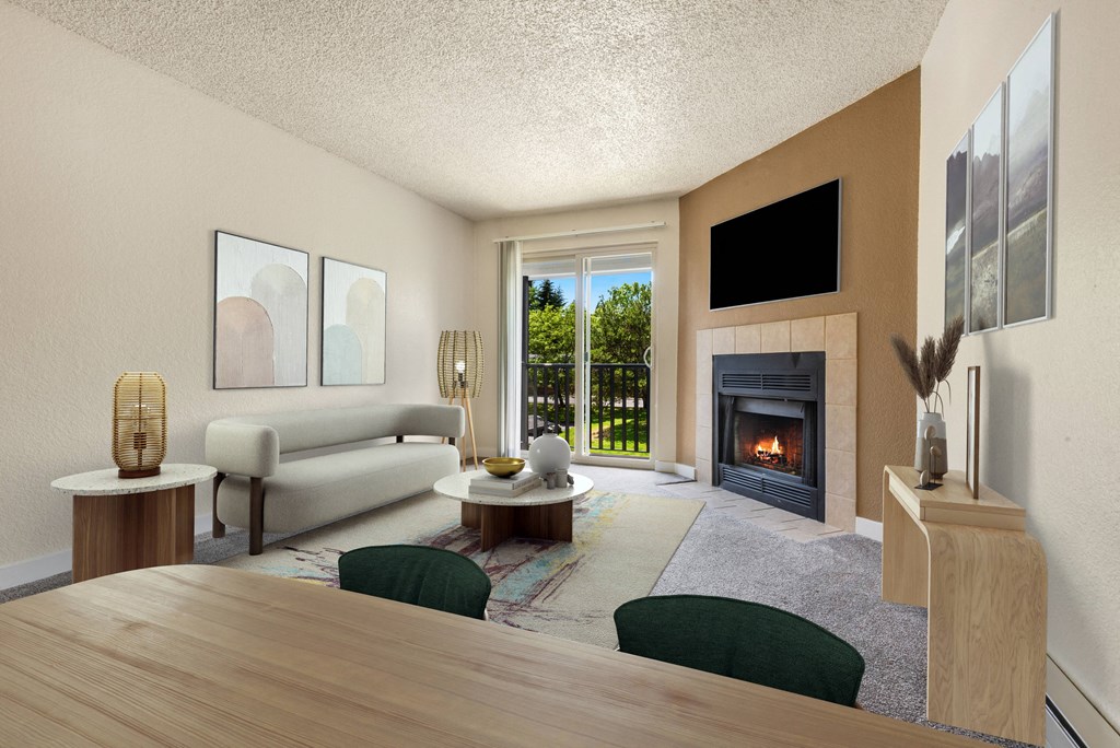 a living room with a fireplace and a table and chairs at Eagles Landing Apartments, Washington, 98204