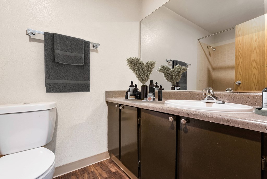 a bathroom with a sink toilet and a mirror at Eagles Landing Apartments, Everett, WA 98204  