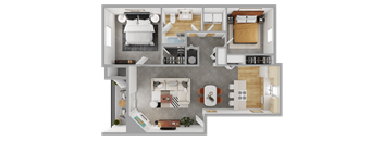 a 3d rendering of a bedroom floor plan with a bathroom and a living room
