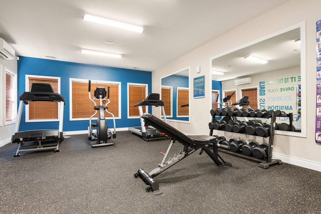a gym with weights and exercise equipment in a room with blue walls
