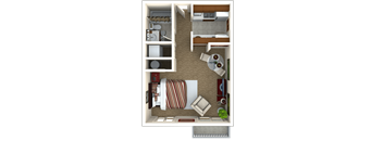 a 3d rendering of a bedroom floor plan with a living room and dining room