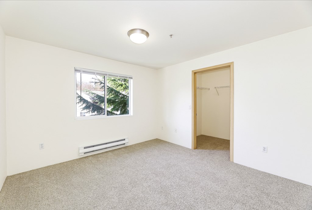 an empty room with carpet and a door to a closet