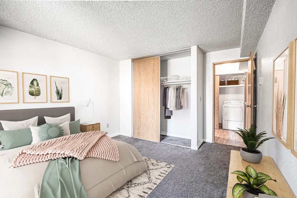 a bedroom with a bed and a closet