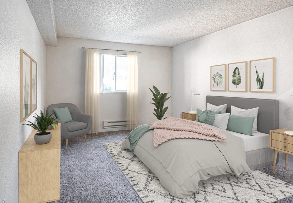 a bedroom with a bed and a chair and a rug