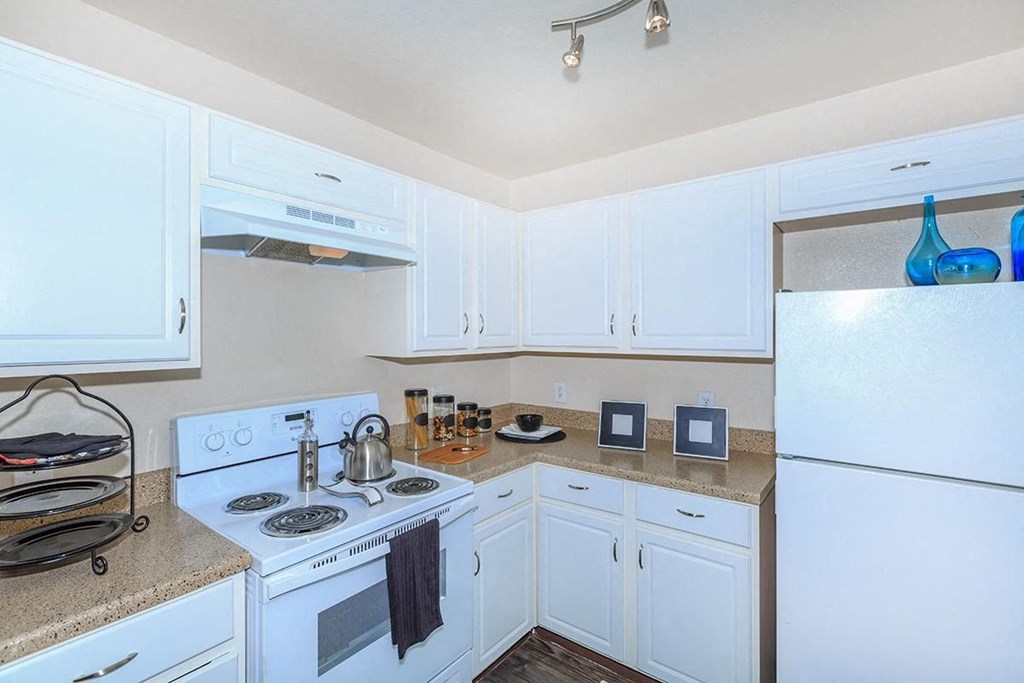 a kitchen with white cabinets and a stove and a refrigerator