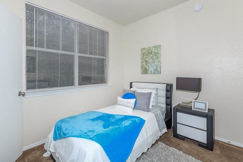 a bedroom with a bed and a window