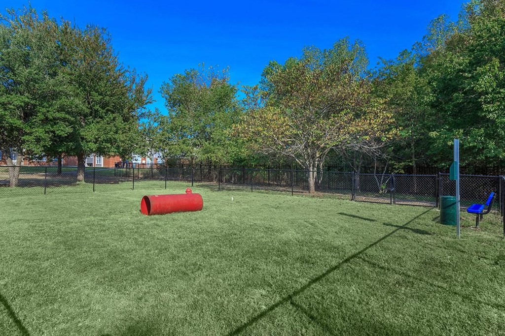 a dog park with a red cylinder in the grass