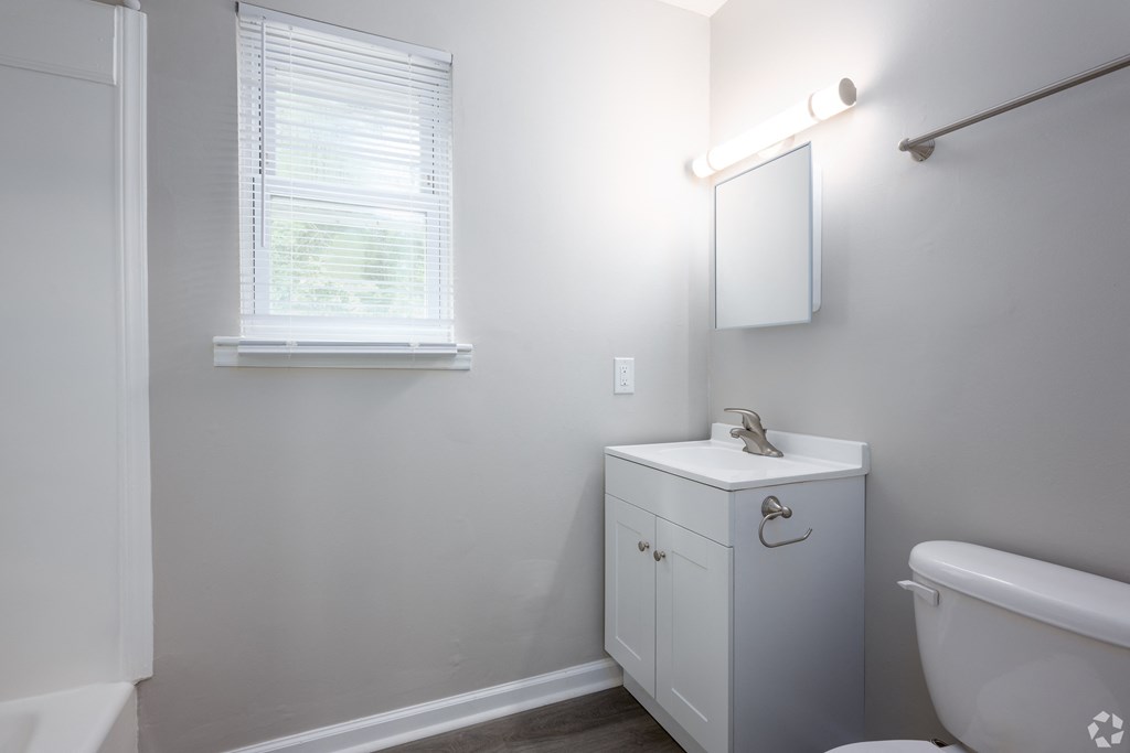 an empty bathroom with a toilet and a sink and a window