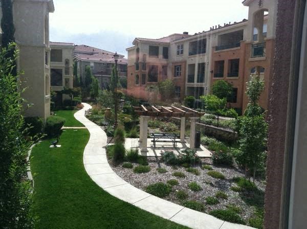 a view of a courtyard with a wooden gazebo