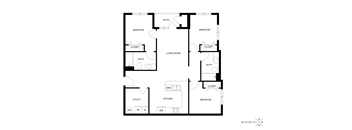 A black and white image of a house floor plan with a kitchen, living room, and two bedrooms.