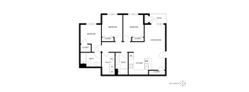 A black and white floor plan of a house with three bedrooms, a living room, a kitchen, a bathroom, a utility room, and a laundry area.