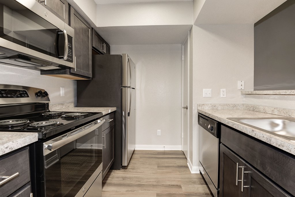 Kitchen with stainless steel appliances and dark cabinets
