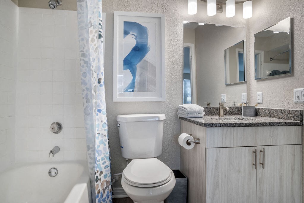 Bathroom with updated vanity and shower at Elme Herndon, Herndon, 20171