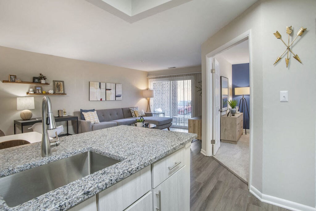 Renovated kitchen and living room at Elme Manassas, Manassas