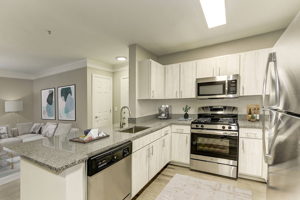 Renovated Kitchen with stainless steel appliances and granite countertops at Elme Dulles, Herndon, VA