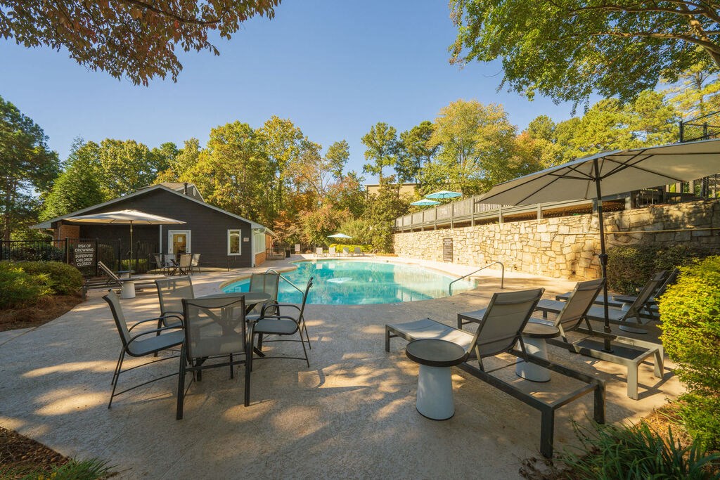 Pool and patio at Elme Cumberland Apartments, Georgia