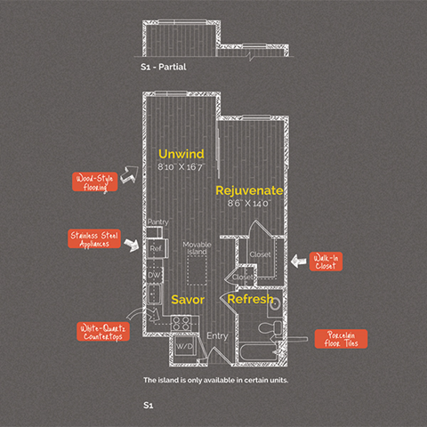 Studio 1 bathroom floor plan F at The Maxwell Apartments, Arlington