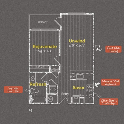 1 bedroom 1 bathroom Floor plan B at The Maxwell Apartments, Arlington, VA, 22203