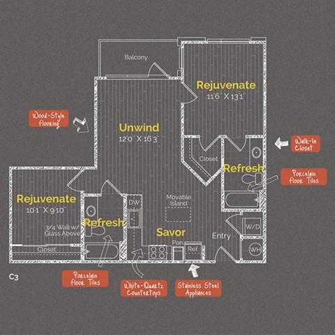 2 bedroom 2 bathroom Floor plan A at The Maxwell Apartments, Arlington, VA, 22203