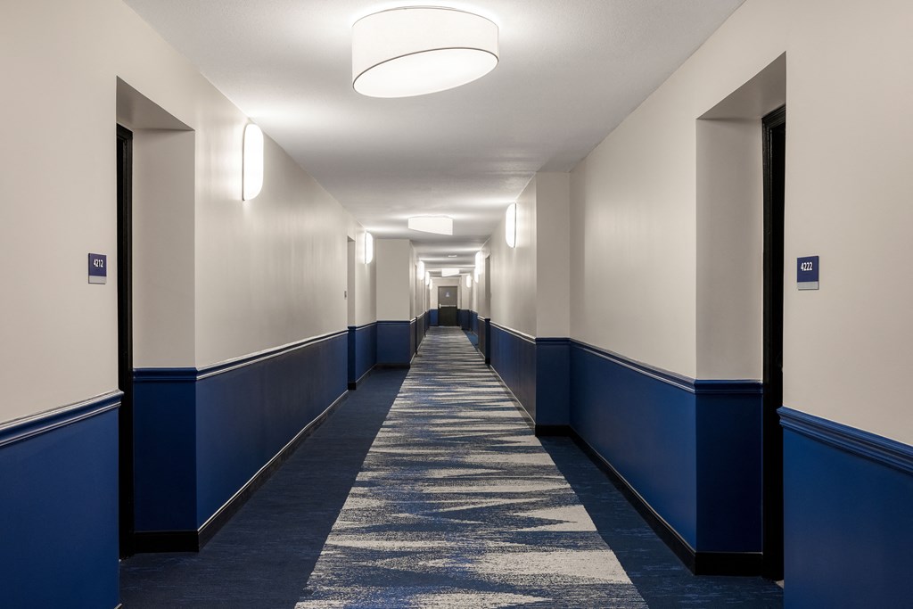 A long hallway with blue and white walls at Elme Alexandria, Alexandria, 22304