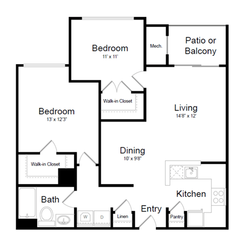2 Bed | 1 Bath - B1A Floor Plan at Elme Dulles, Virginia, 20171