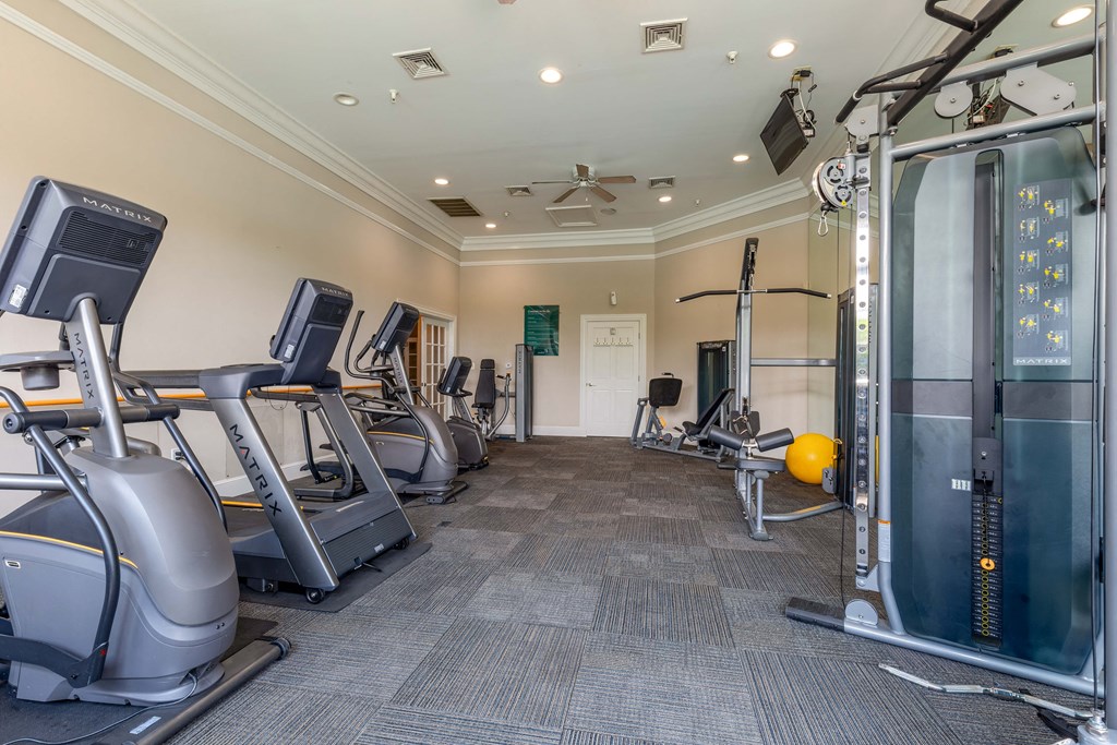 a gym with treadmills and other exercise equipment