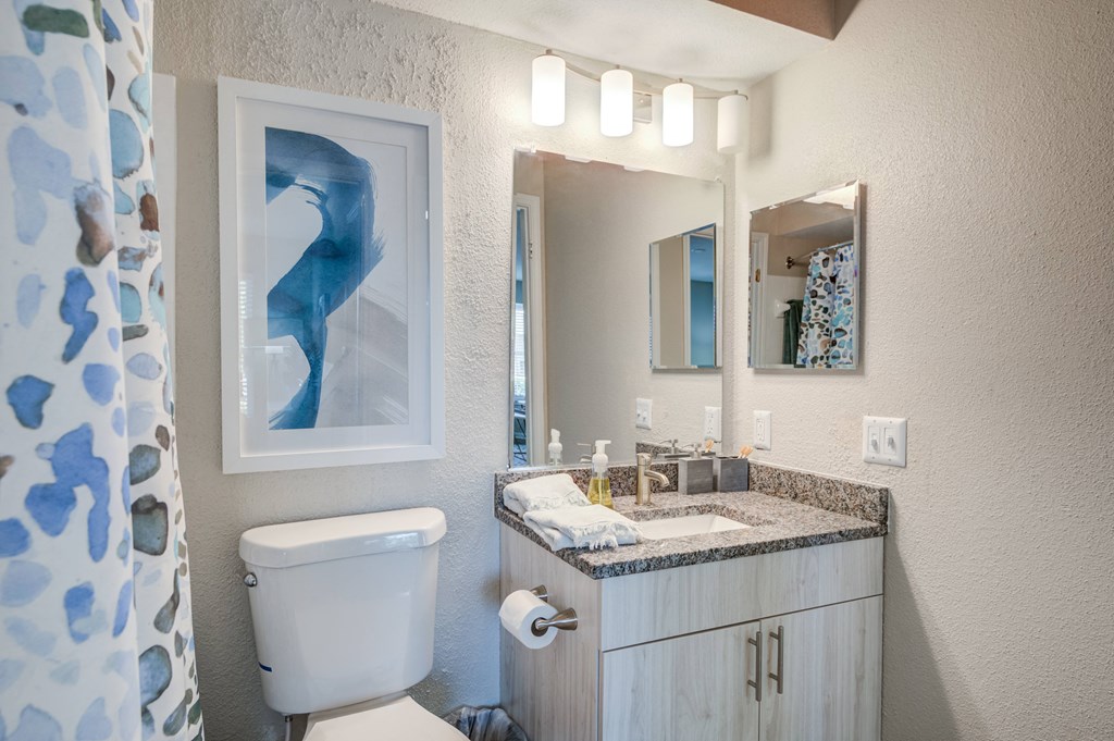 Bathroom with updated vanity and shower at Elme Herndon, Herndon, 20171