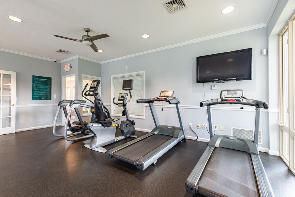 two treadmills and a tv in a gym room