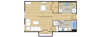 Efficiency 542sf Floor Plan at Clayborne Apartments, Alexandria, 22314