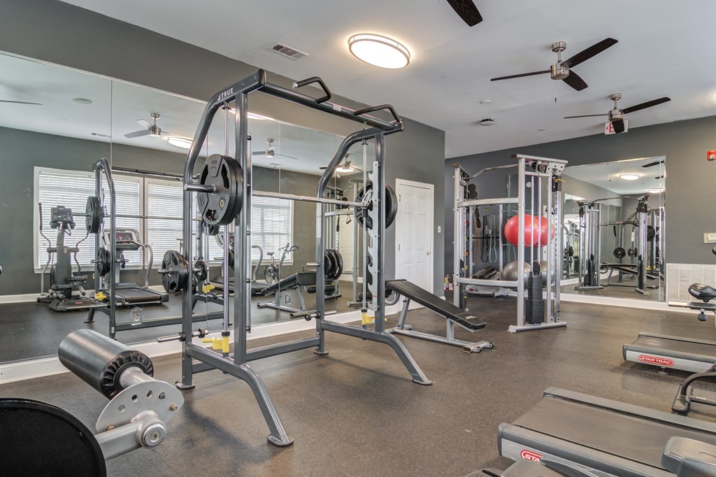 a gym with weights and cardio equipment at the enclave at woodbury at Elme Conyers, Conyers, GA, 30013