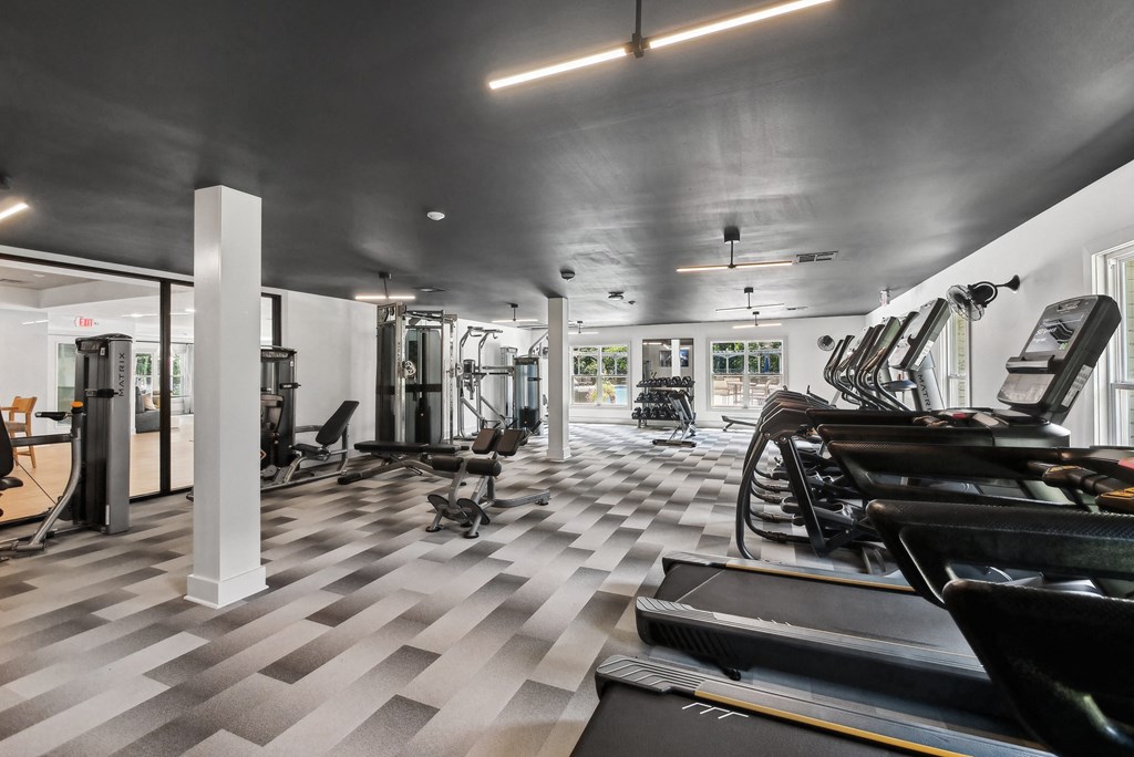 A gym with treadmills at Elme Sandy Springs Apartments, Atlanta, GA, 30350