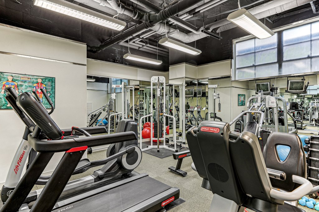 A gym with treadmills, weights, and exercise machines at 3801 Connecticut Avenue, Washington, 20008