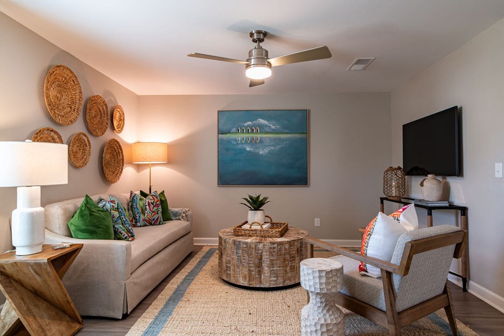 Living room side view at Elme Sandy Springs Apartments, Atlanta, GA
