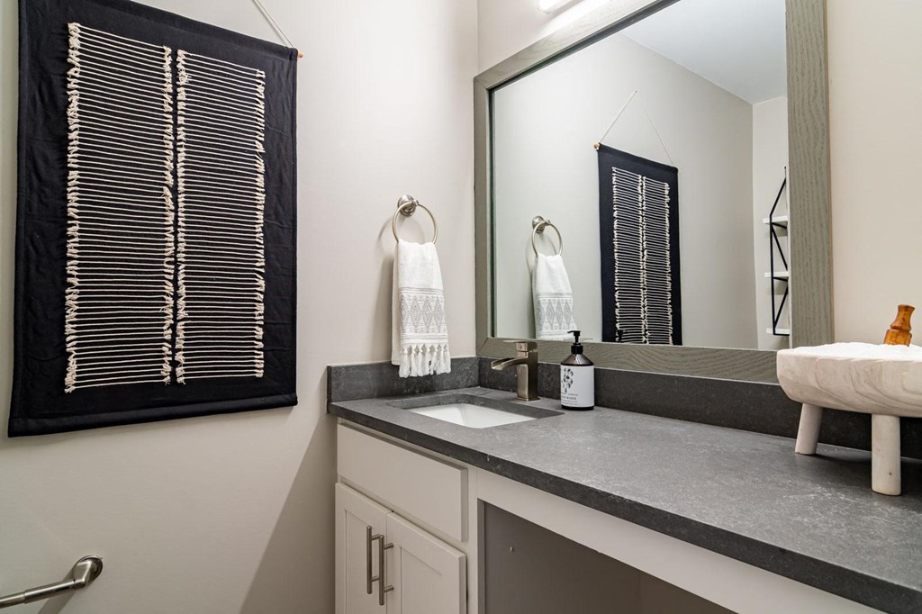 Renovated bathroom vanity at Elme Sandy Springs Apartments, Atlanta, GA, 30350