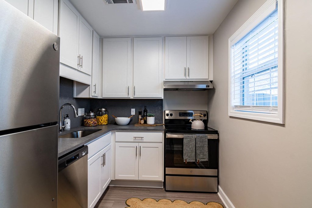 Renovated Kitchen with stainless steel appliances and quartz countertops at Elme Sandy Springs Apartments, Atlanta, GA