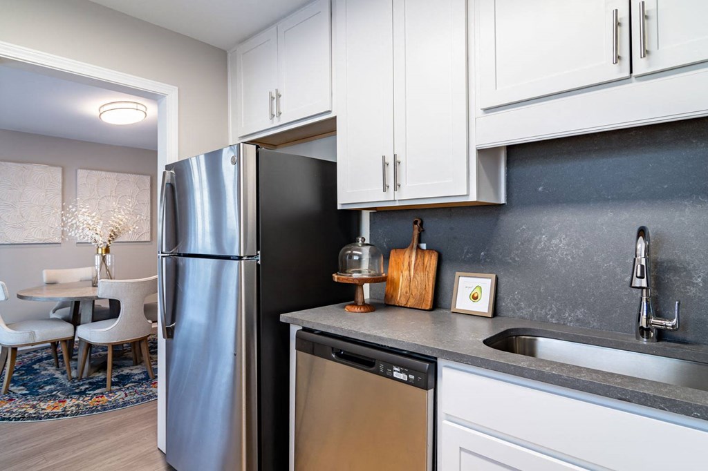 Renovated Kitchen with stainless steel appliances and quartz countertops at Elme Sandy Springs Apartments, Atlanta, GA