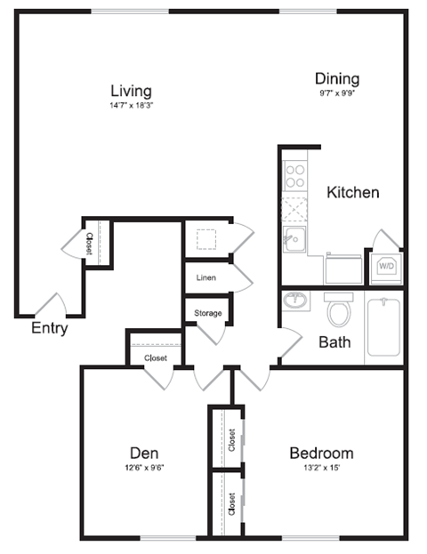 1 bedroom apartment floorplan with den at Watkins Mill.