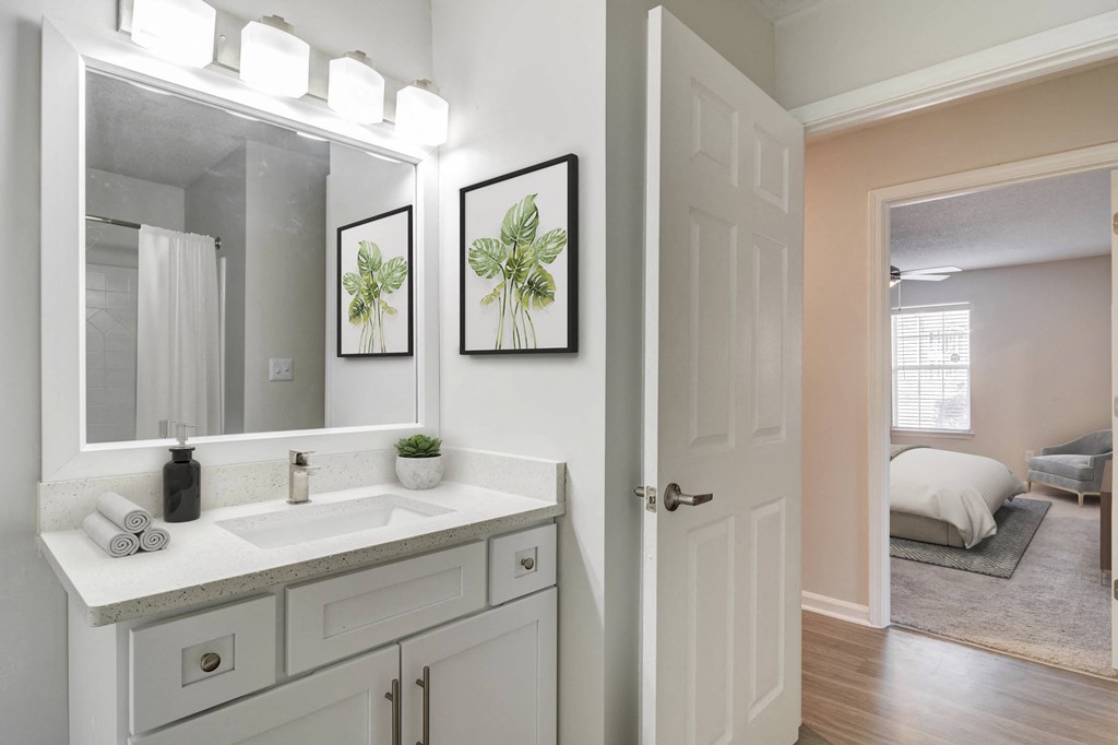 Renovated bathroom with updated vanity at Elme Marietta Apartments, Marietta, GA, 30067