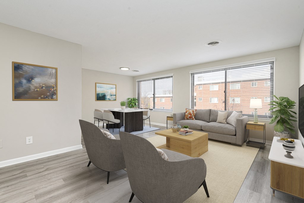 Open living room with big windows at Park Adams Apartments, Arlington, VA