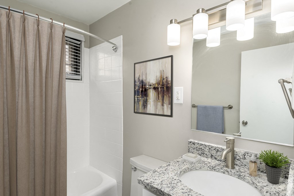 Renovated bathroom with updated vanity and shower at Park Adams Apartments, Arlington, VA