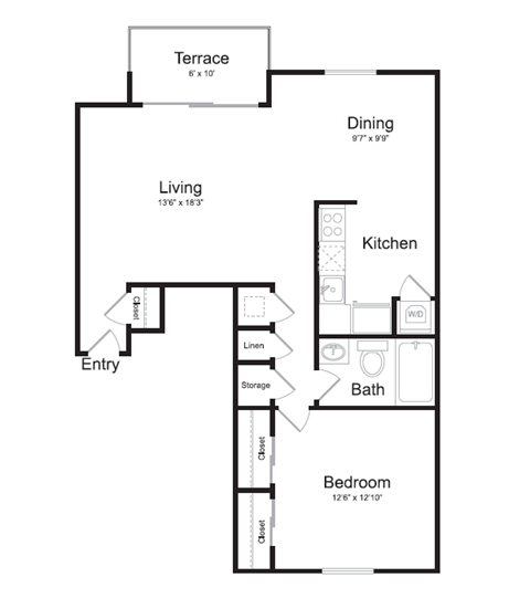 1 bedroom apartment floorplan at Watkins Mill.