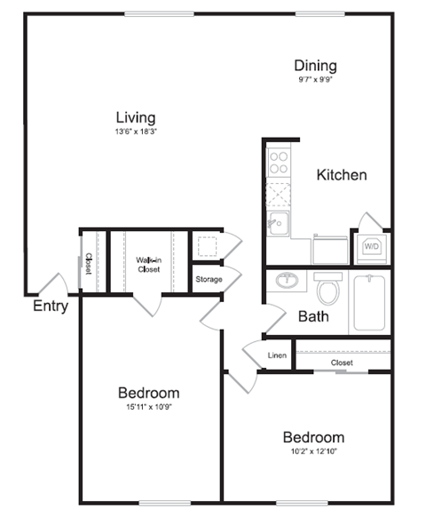 2 bedroom apartment floorplan at Watkins Mill.